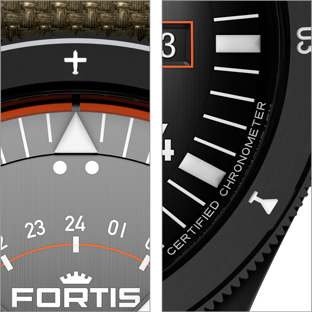 回転ベゼルのマーク：12時位置の飛行機と4時位置のカクテルグラス